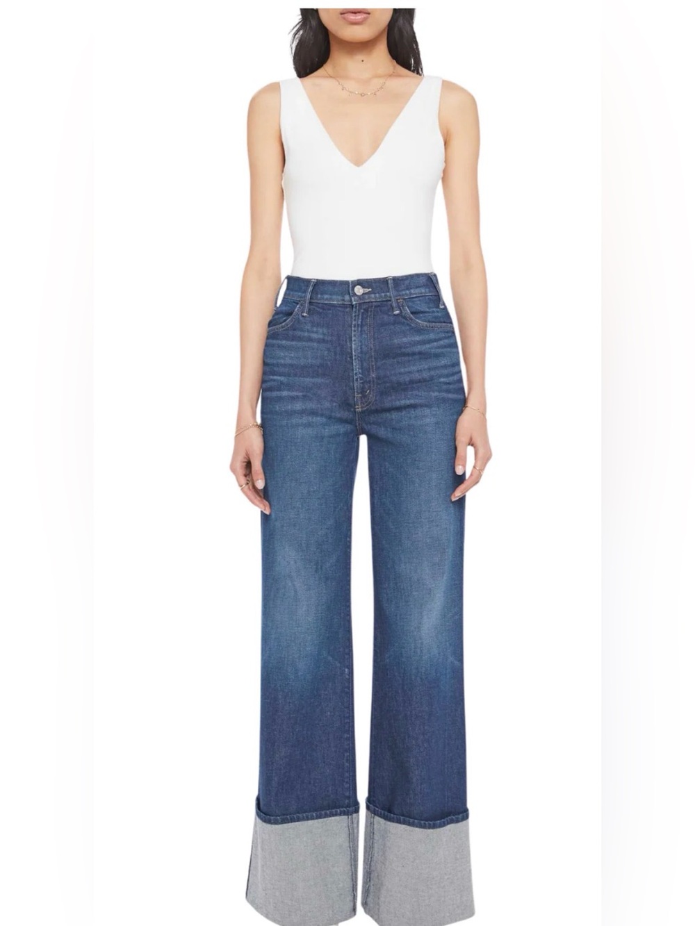 MOTHER Two-Tone Wide Leg Cuffed Jeans in Dark Indigo and Light Hem